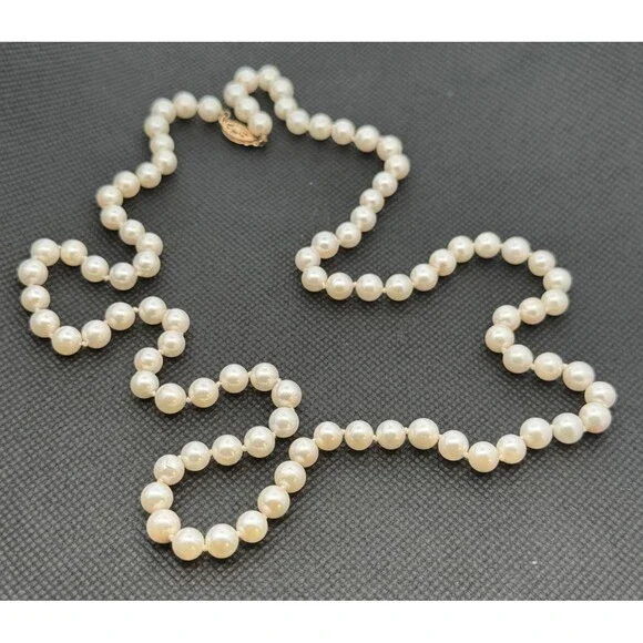 Estate Designer 14K Yellow Gold 6 mm Hand Knotted Pearl Necklace - Picture 4 of 8